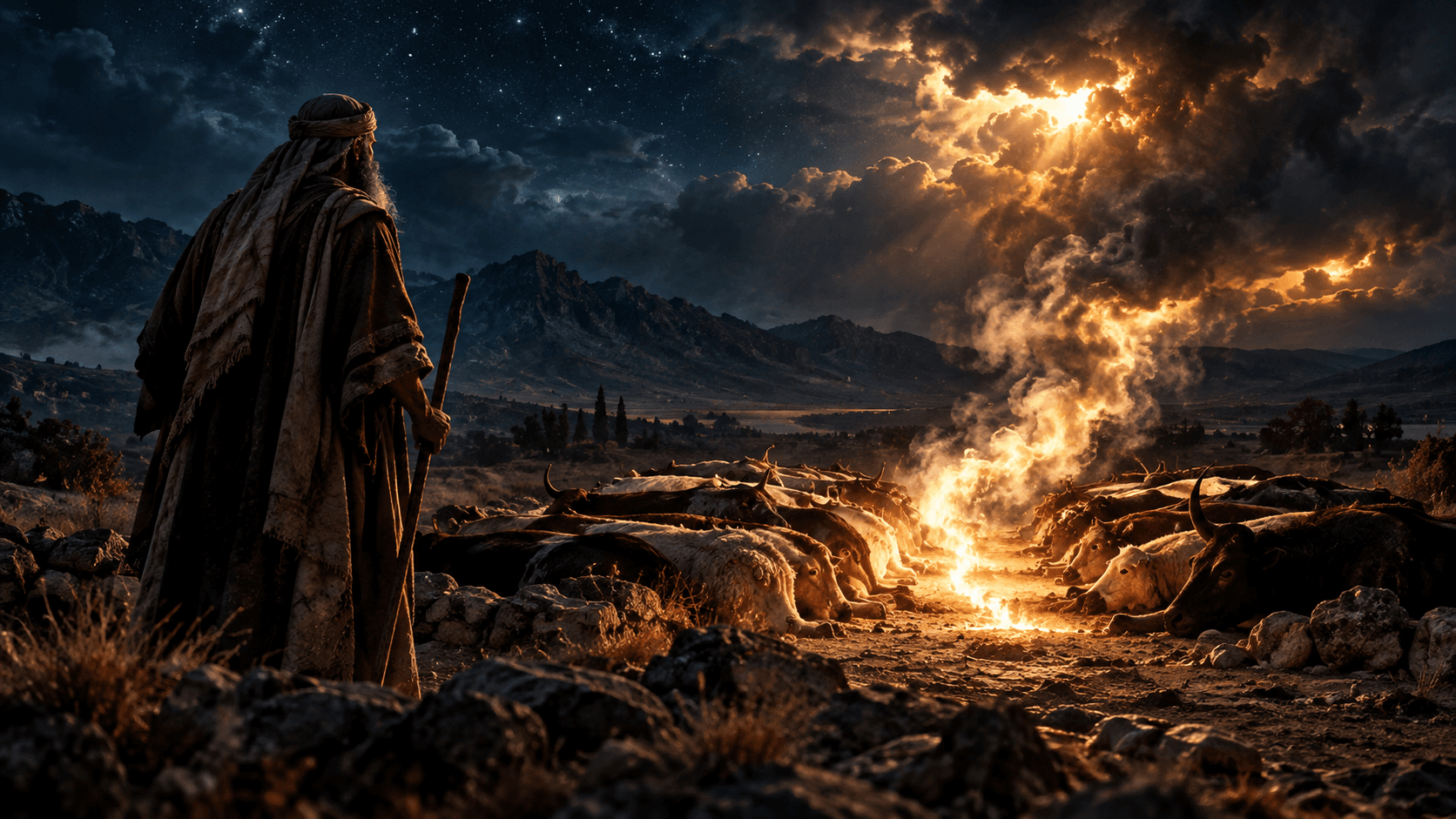 A covenant at night: the pieces of the sacrifice laid out under a starfield