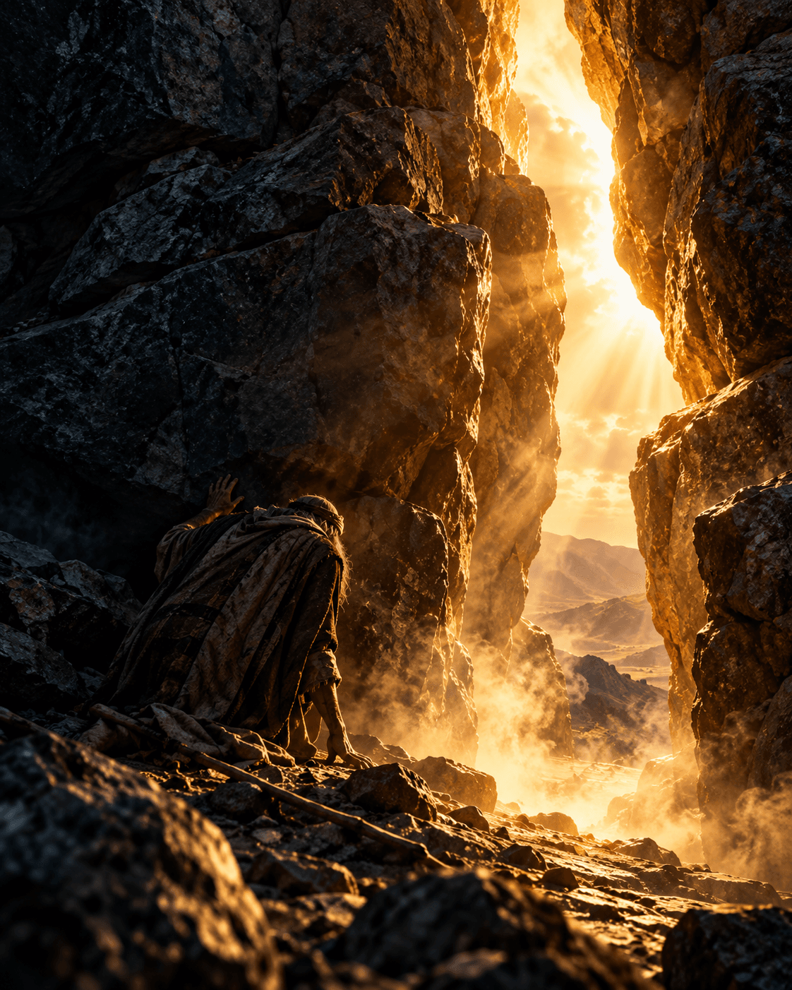 A man pressed into the cleft of a rock as light passes
