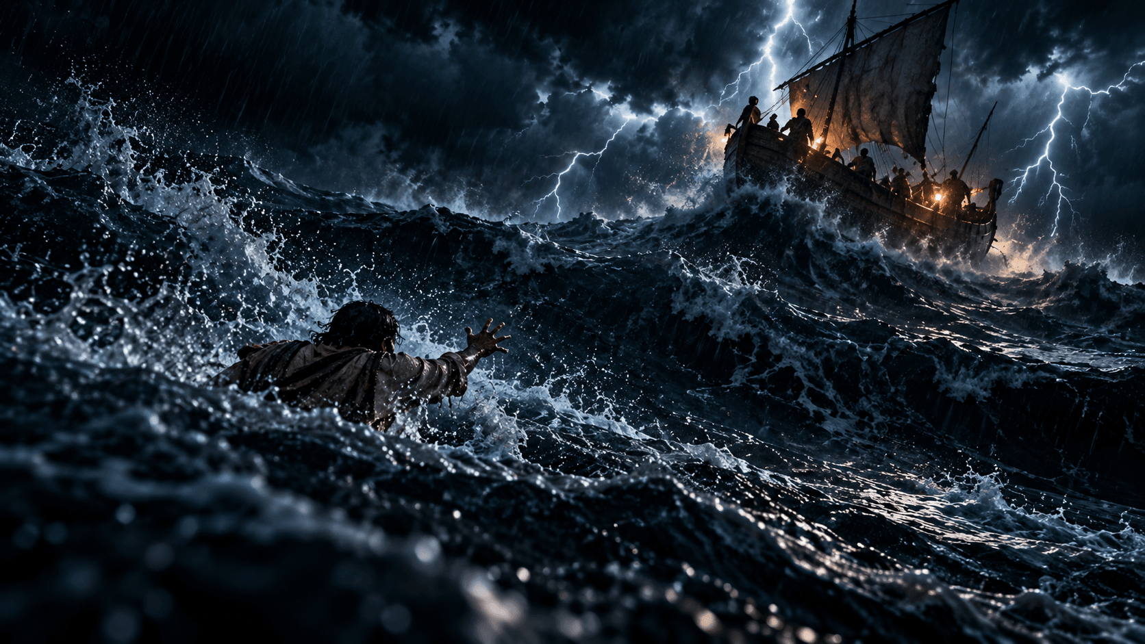 A storm-tossed ship on the night sea